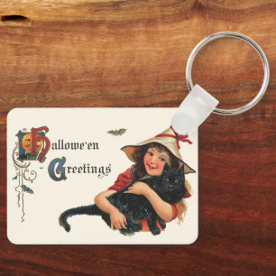 Vintage Halloween Greetings, Child Witch with Cat Key Ring