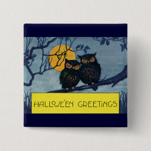 Vintage Halloween Greetings, Owls in Tree w Moon 15 Cm Square Badge