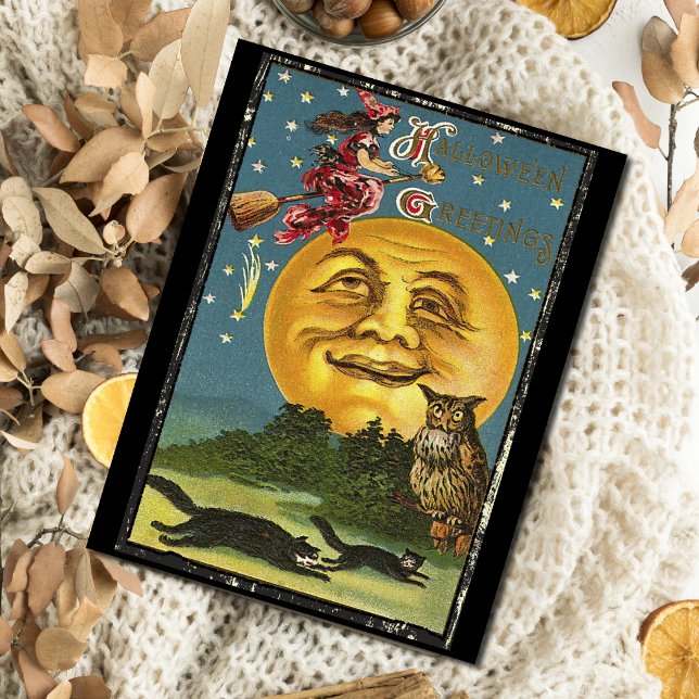 Vintage Halloween Greetings Witch Flying on Broom (Creator Uploaded)