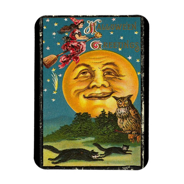 Vintage Halloween Greetings Witch Flying on Broom Magnet (Vertical)