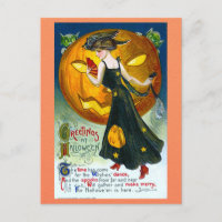 Vintage Halloween Greetings Witch Pumpkin Poem