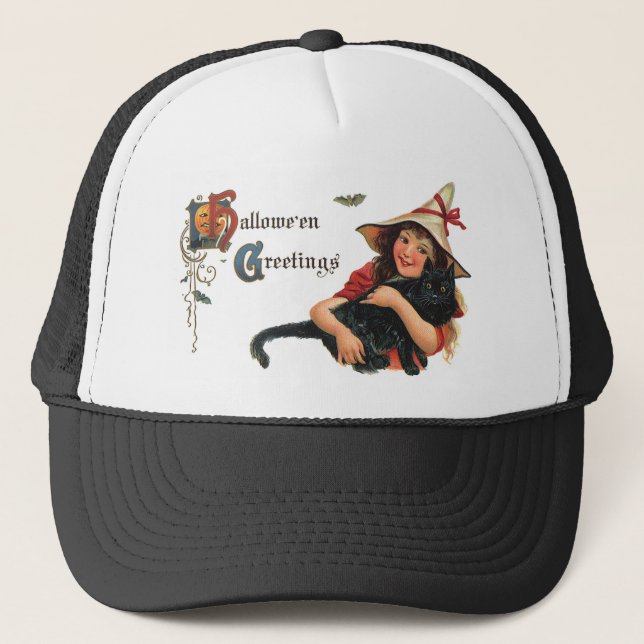 Vintage Halloween Greetings Witch with Cat Trucker Hat (Front)