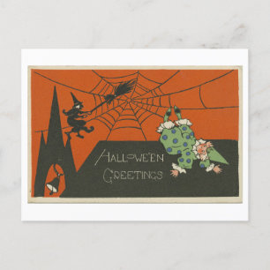 Vintage Halloween Greetings with Clown and Witch Postcard