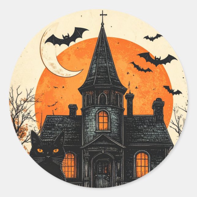 Vintage Halloween Haunted House Classic Round Sticker (Front)