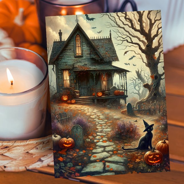 Vintage Halloween Haunted House Fall  Holiday Card (Creator Uploaded)