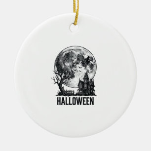Vintage Halloween Haunted House Moon Shirt Design_ Ceramic Tree Decoration