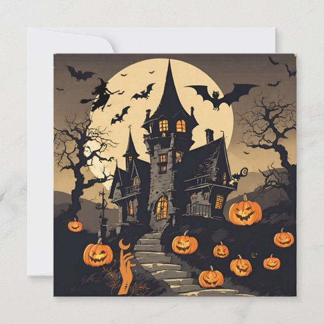 Vintage Halloween Haunted House, Pumpkins, Bats Holiday Card (Front)