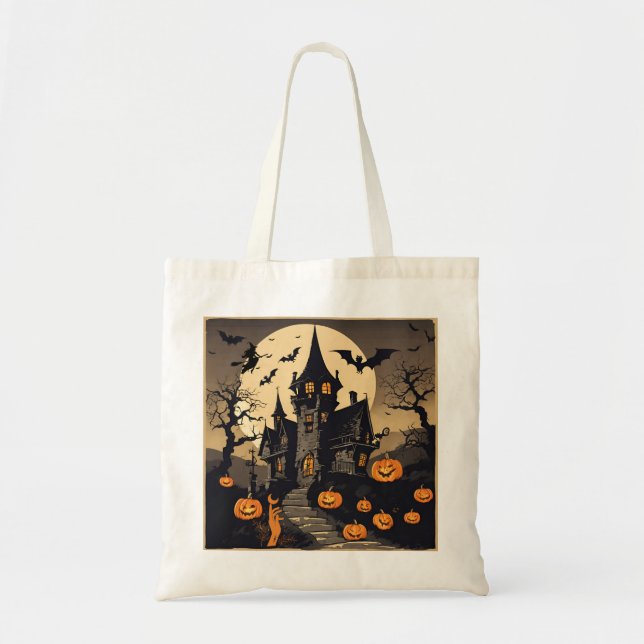 Vintage Halloween Haunted House, Pumpkins, Bats Tote Bag (Front)