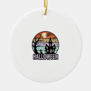 Vintage Halloween Haunted House Shirt Design_1 Ceramic Tree Decoration