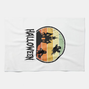 Vintage Halloween Haunted House Sunset Shirt Desig Tea Towel