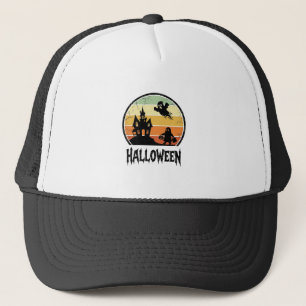 Vintage Halloween Haunted House Sunset Shirt Desig Trucker Hat