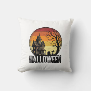 Vintage Halloween Haunted House Sunset Vector Art_ Cushion