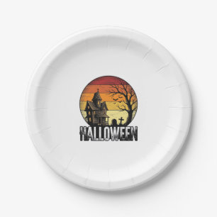 Vintage Halloween Haunted House Sunset Vector Art_ Paper Plate