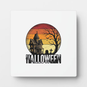 Vintage Halloween Haunted House Sunset Vector Art_ Plaque