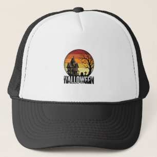 Vintage Halloween Haunted House Sunset Vector Art_ Trucker Hat