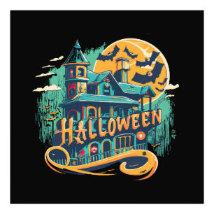 vintage halloween house with ghost  photo print