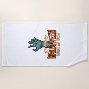 Vintage Halloween Inside My Heart Monster Hand Des Beach Towel