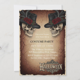Vintage Halloween Invitation Card   Gothic Skulls 