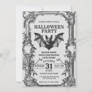 Vintage Halloween Invitation with Skeletons & Bat