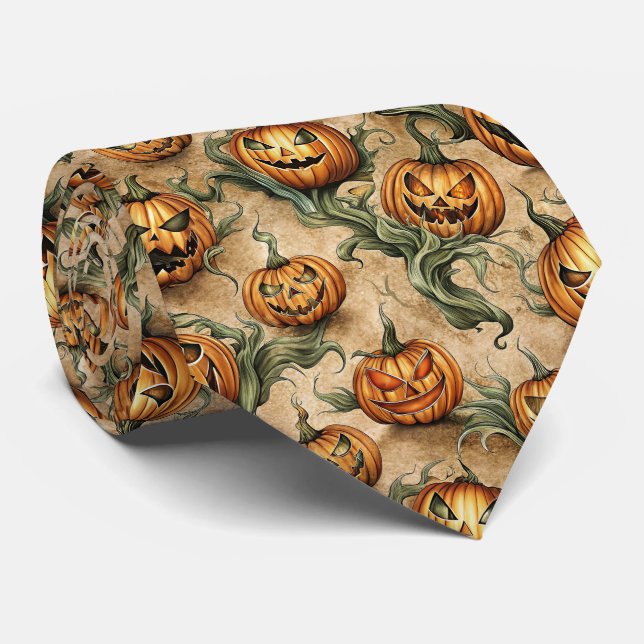 Vintage Halloween Jack-O-Lantern Vine Pattern Tie (Rolled)