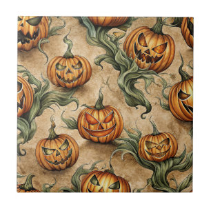 Vintage Halloween Jack-O-Lantern Vine Pattern Tile