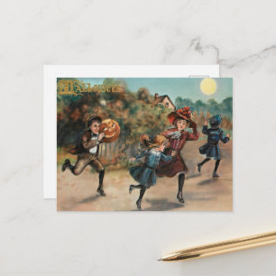 Vintage Halloween Kids Running Postcard