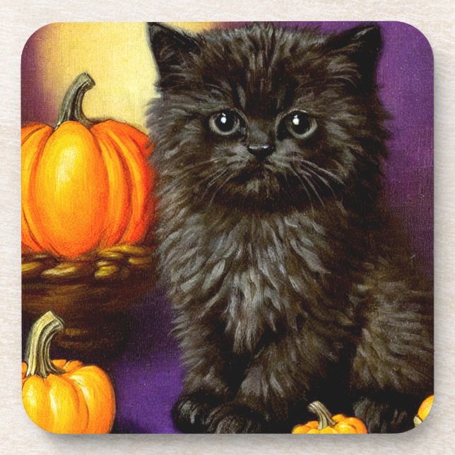 Vintage Halloween Kitten Coaster (Front)