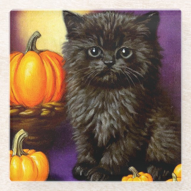 Vintage Halloween Kitten Glass Coaster (Front)