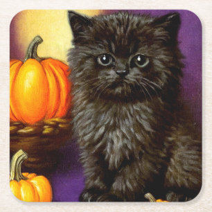 Vintage Halloween Kitten Square Paper Coaster