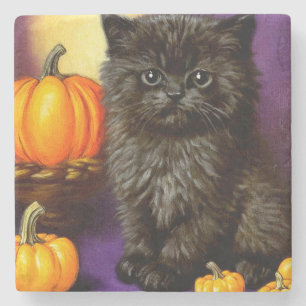 Vintage Halloween Kitten Stone Coaster