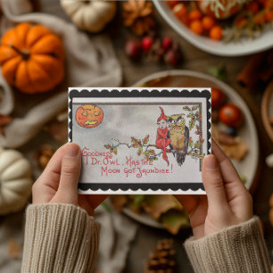Vintage Halloween Little Elf And Owl Holiday Card