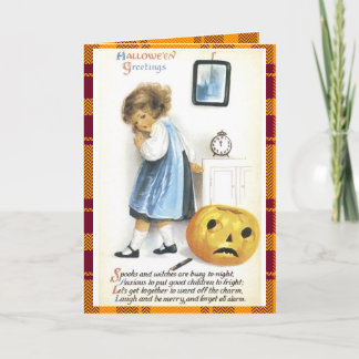 Vintage Halloween Little Girl And Pumpkin Poem Card