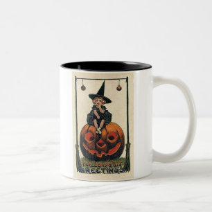 vintage-halloween-little-girl-witch-pumpkin-black- Two-Tone coffee mug