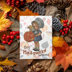 Vintage Halloween Little Girl With Pumpkin Card