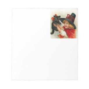 Vintage Halloween Little Witch Holding Black Cat Notepad