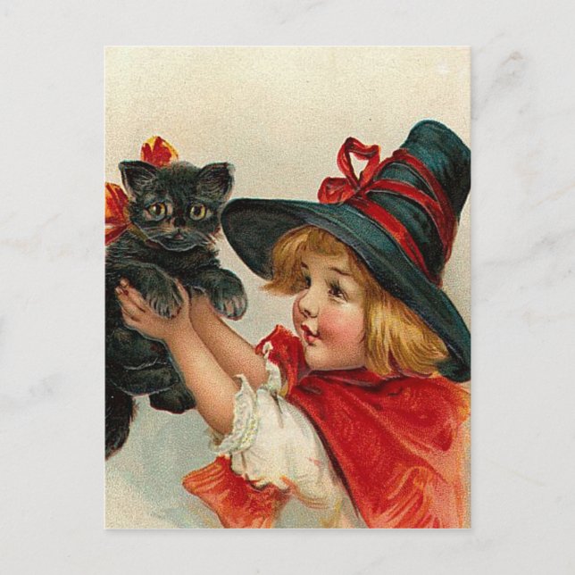 Vintage Halloween Little Witch Holding Black Cat Postcard (Front)