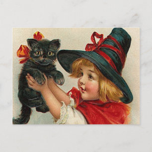 Vintage Halloween Little Witch Holding Black Cat Postcard