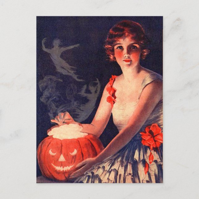Vintage Halloween Magic Pumpkin Postcard (Front)