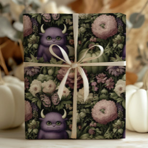 Vintage Halloween Monsters and Pumpkins Purple Wrapping Paper