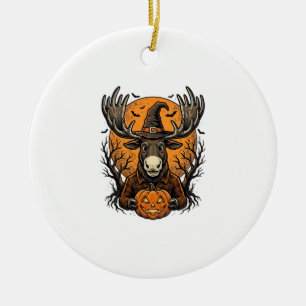 Vintage Halloween Moose Pumpkin Witch Hat Shirt_1 Ceramic Tree Decoration