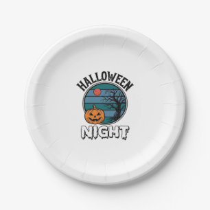Vintage Halloween Night Pumpkin Tree Shirt Design_ Paper Plate
