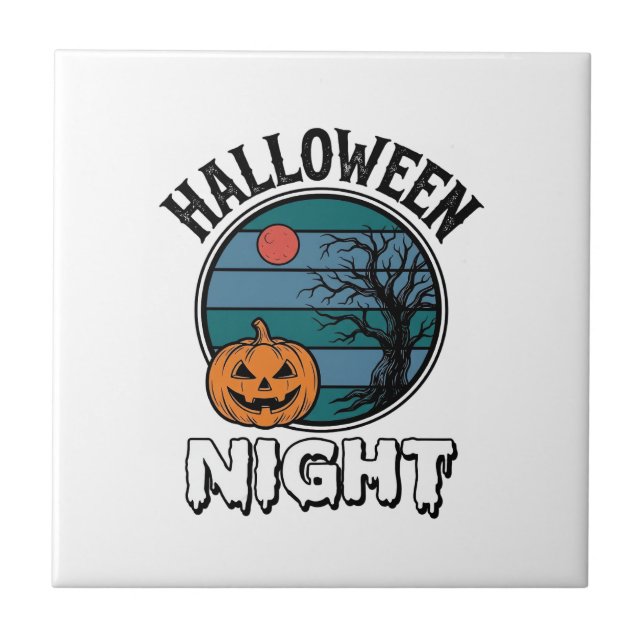 Vintage Halloween Night Pumpkin Tree Shirt Design_ Tile (Front)