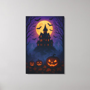Vintage Halloween Night with Full Moon and Bats Canvas Print