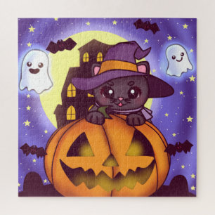 Vintage Halloween October Pumpkin Cat Jigsaw Puzzle