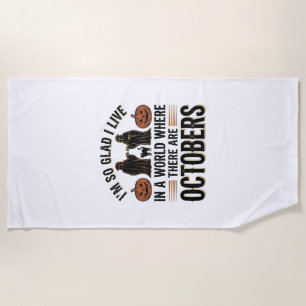 Vintage Halloween October Quote Pumpkin Cat Design Beach Towel