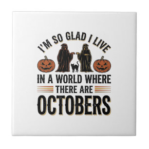 Vintage Halloween October Quote Pumpkin Cat Design Tile