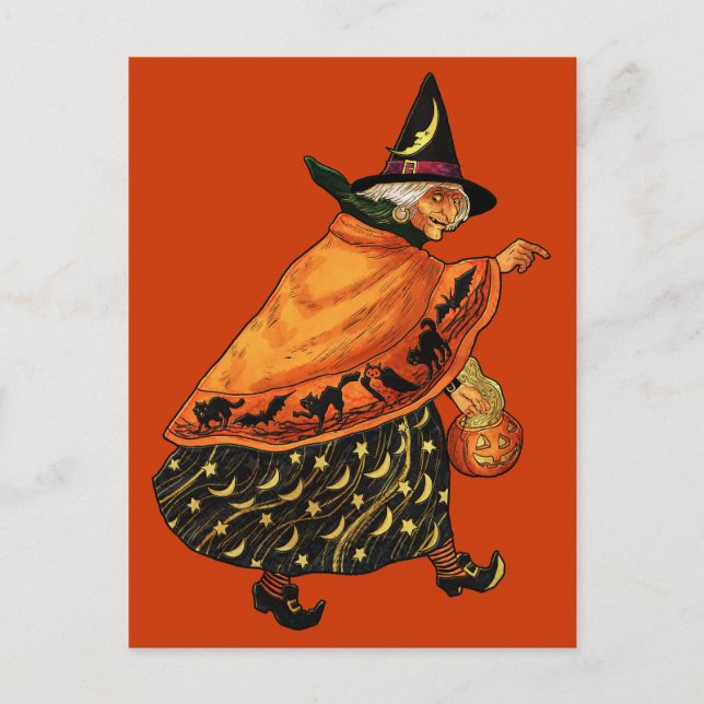 Vintage Halloween Old Witch Postcard (Front)