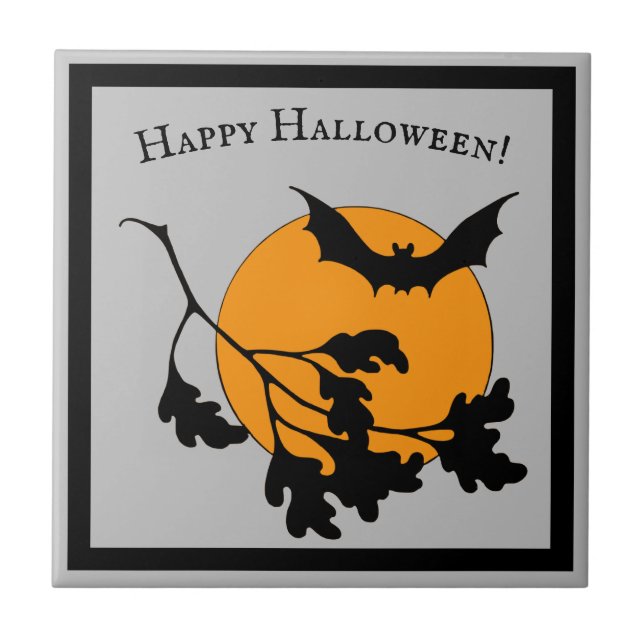 Vintage Halloween Orange Moon Flying Bats Tile (Front)
