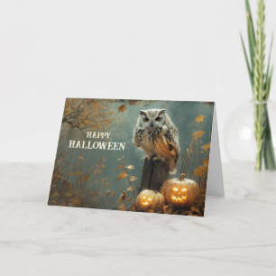 Vintage Halloween Owl and Jack O Lanterns Holiday Card