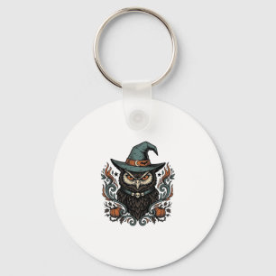 Vintage Halloween Owl Witch Hat Vector Design_1 Key Ring